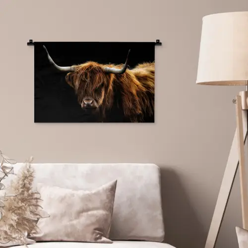 Schotse Hooglander - Horens - Zwart - Dieren - Natuur - Wild - Koe Wandkleed katoen klein -sfeer4
