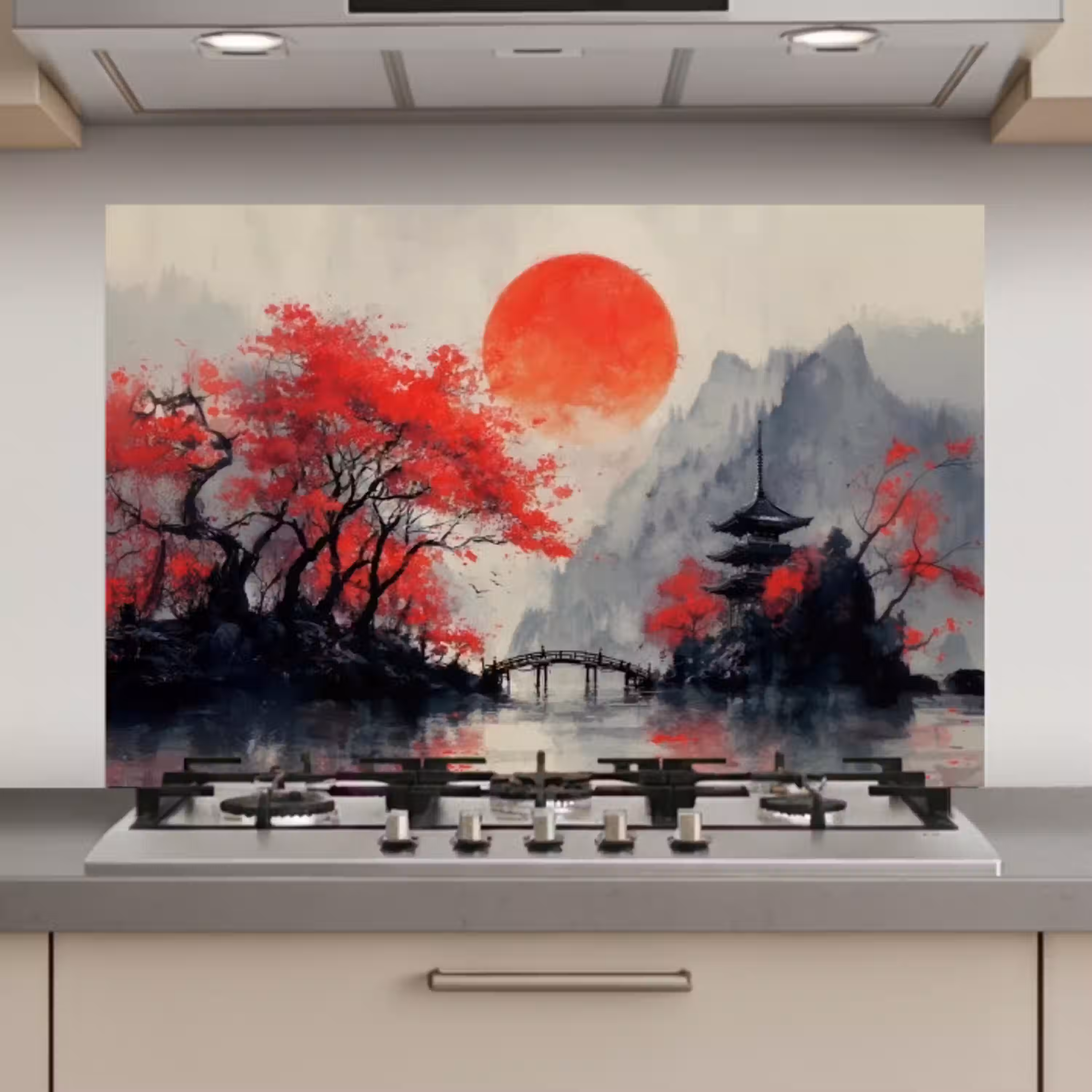 Rode zon - Rivier - brug - Bomen keuken achterwand spatscherm klein -3d_website