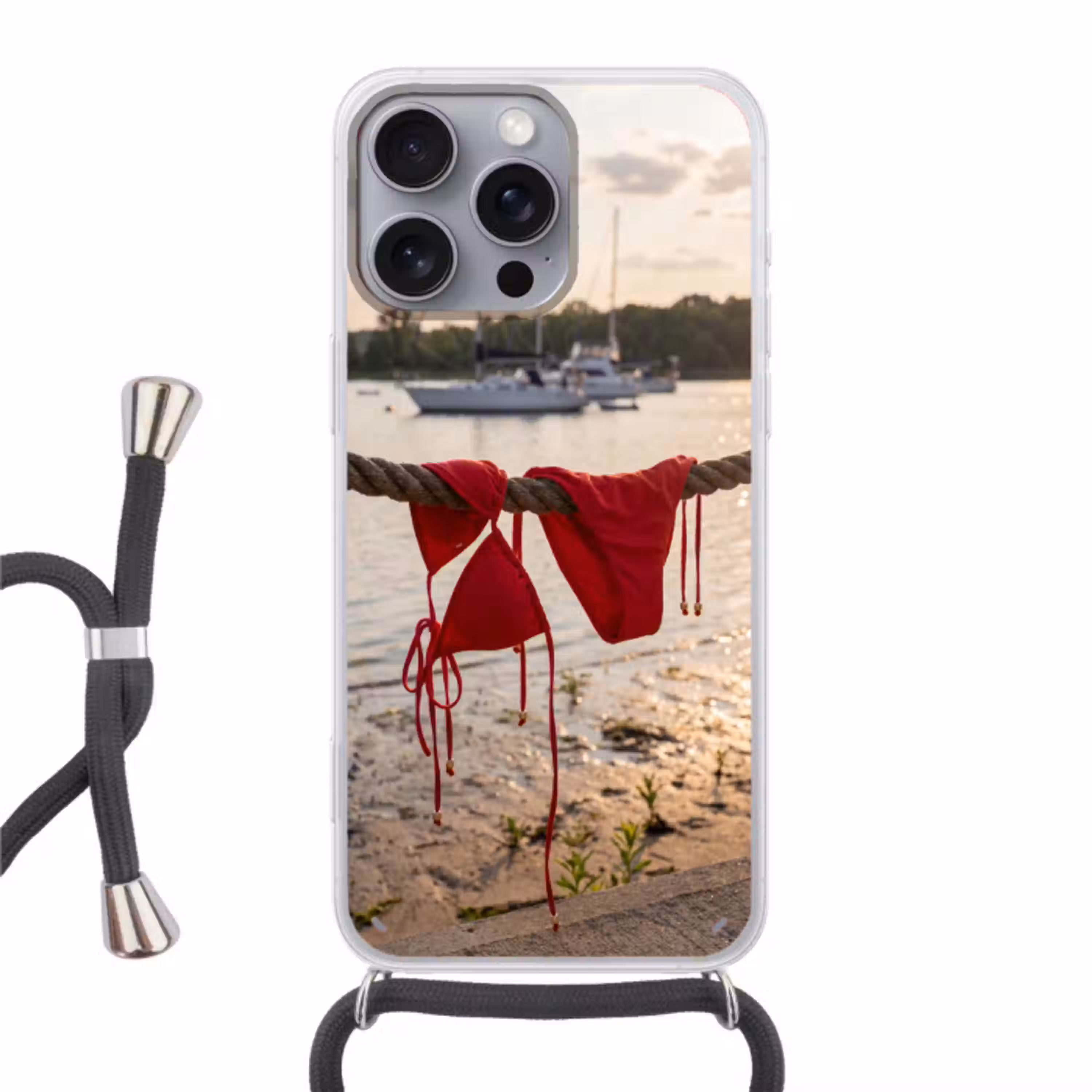 Badkleding - Rood - Zomer - Water - Zonsondergang Hoesje iPhone 16 Pro Max met koord klein -3d