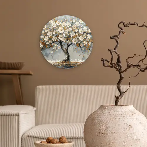 Boom - Bloemen - Wit - Natuur - Kunst Wandcirkel kunststof plaat 5mm dik klein -sfeer1
