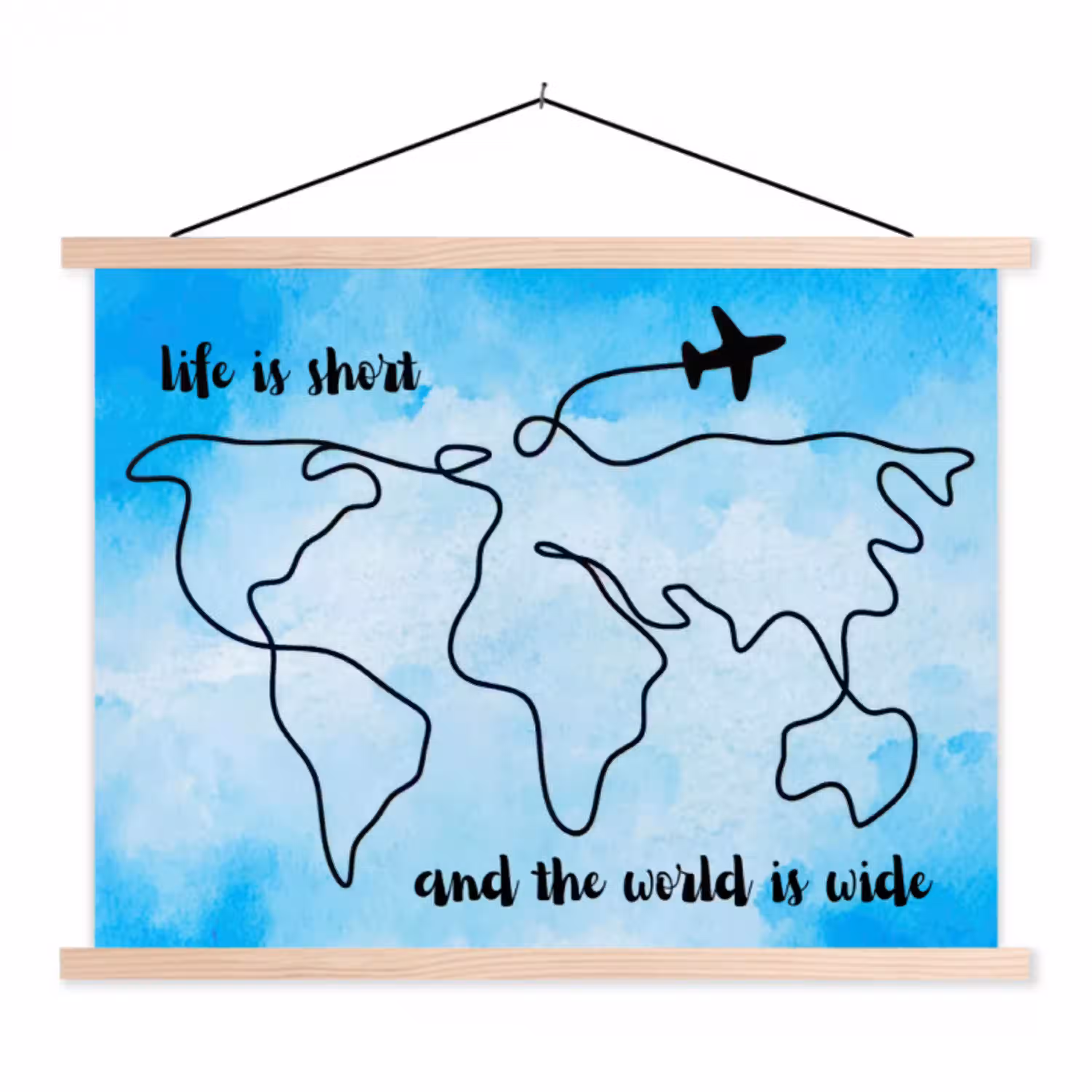 Blauw - Quote - Wereldkaart textielposter latten blank klein -3d