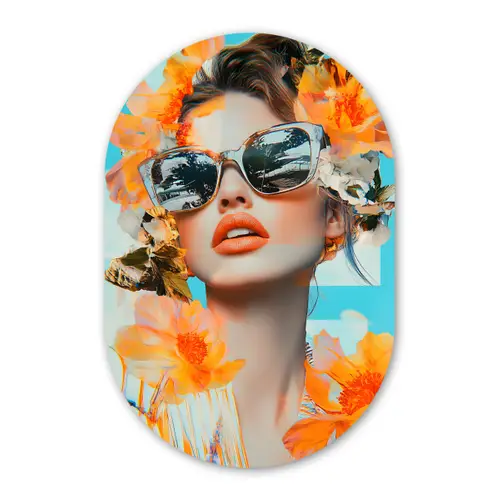 Bloemen - Vrouw - Zonnebril - Blauw Wandcirkel Ovaal Glas middel -3d