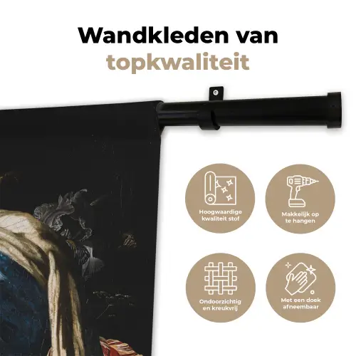Meisje met de parel - Johannes Vermeer - Bloemen - Rood Wandkleed katoen klein -sfeer2