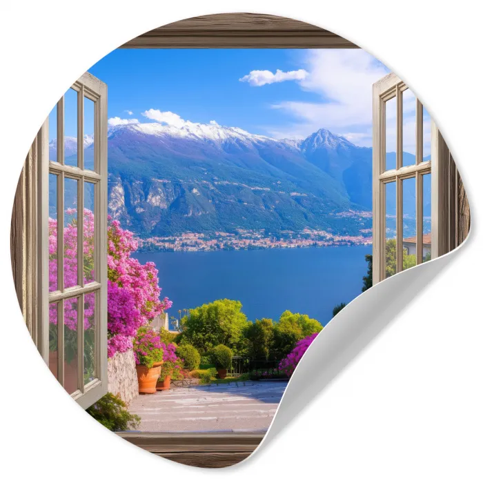 Doorkijk - Berg - Landschap - Uitzicht - Meer Wandcirkel behangsticker klein -3d