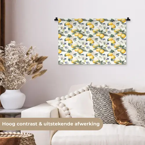 Frans - Citroen -  Citrus - Bloesem - Geel - Groen - Blauw Wandkleed katoen klein 269 -sfeer1