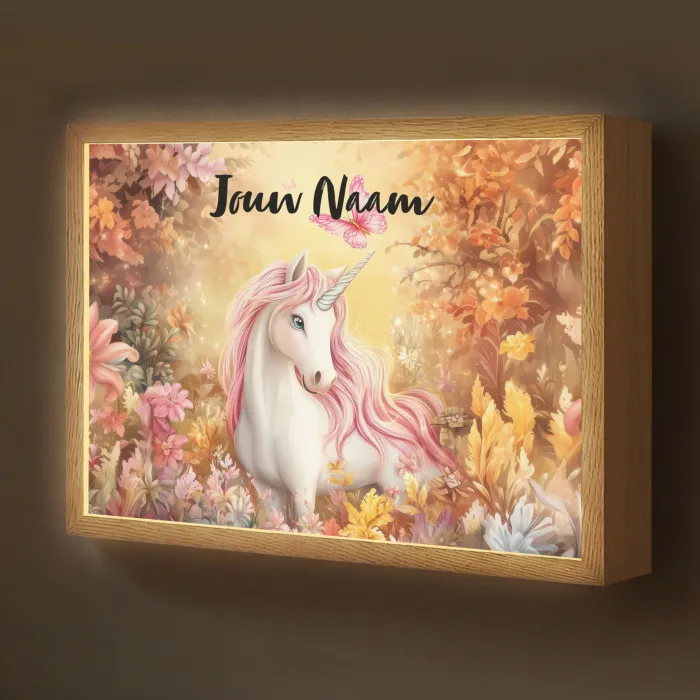 Eenhoorn - Bloemen - Vlinder - Roze Light Box met batterij (Wandlamp kind) middel -z3d_website