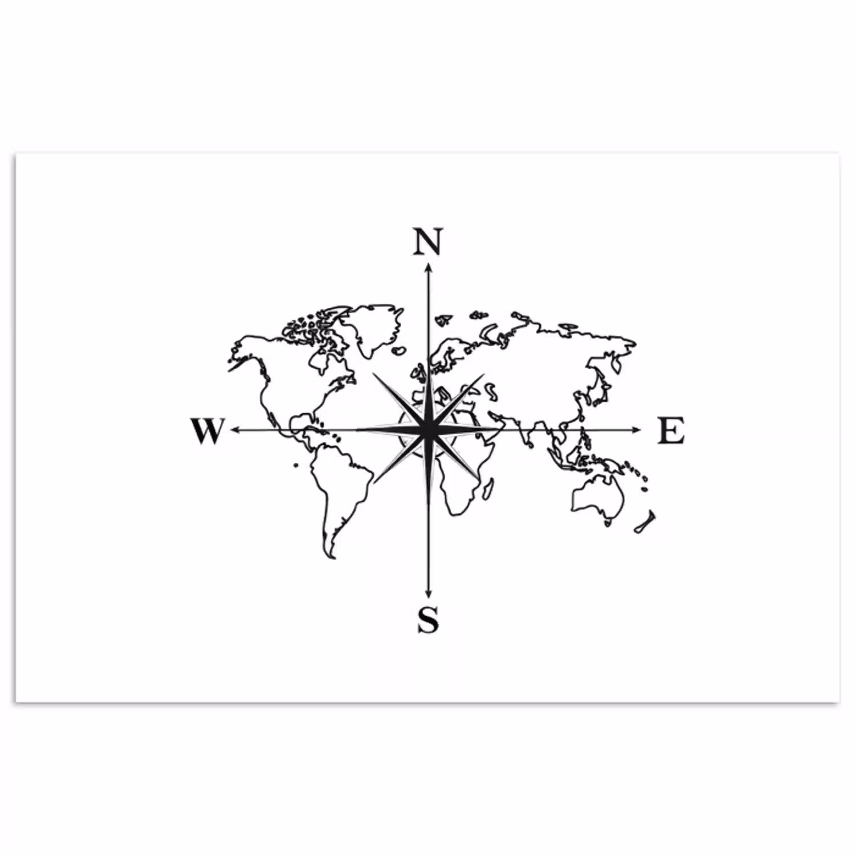 Wereldkaart - Windrichtingen - Kompas poster papier klein -3d