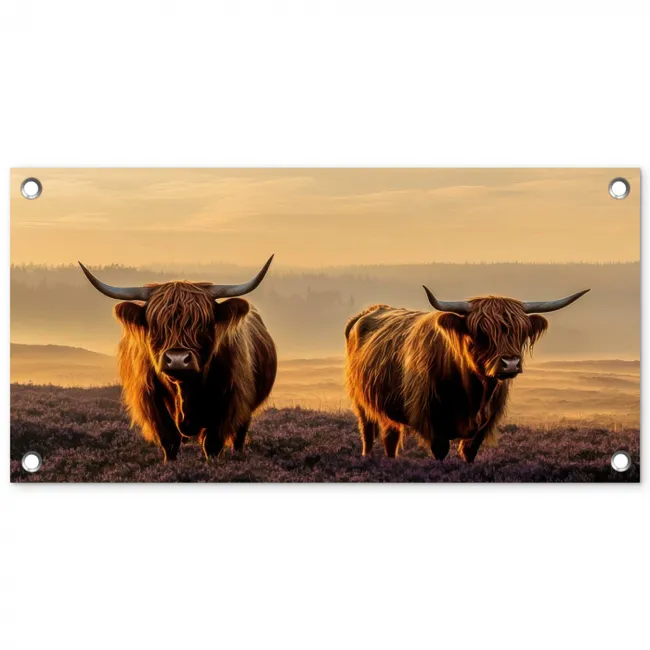 Schotse hooglanders - Heide - Landschap - Dieren tuinposter los doek klein -3d
