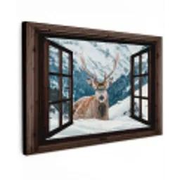 Hert - Landschap - Winter - Natuur - Dieren - Doorkijk - Bergen Tuinposter op houten frame 2 cm dik klein -3d