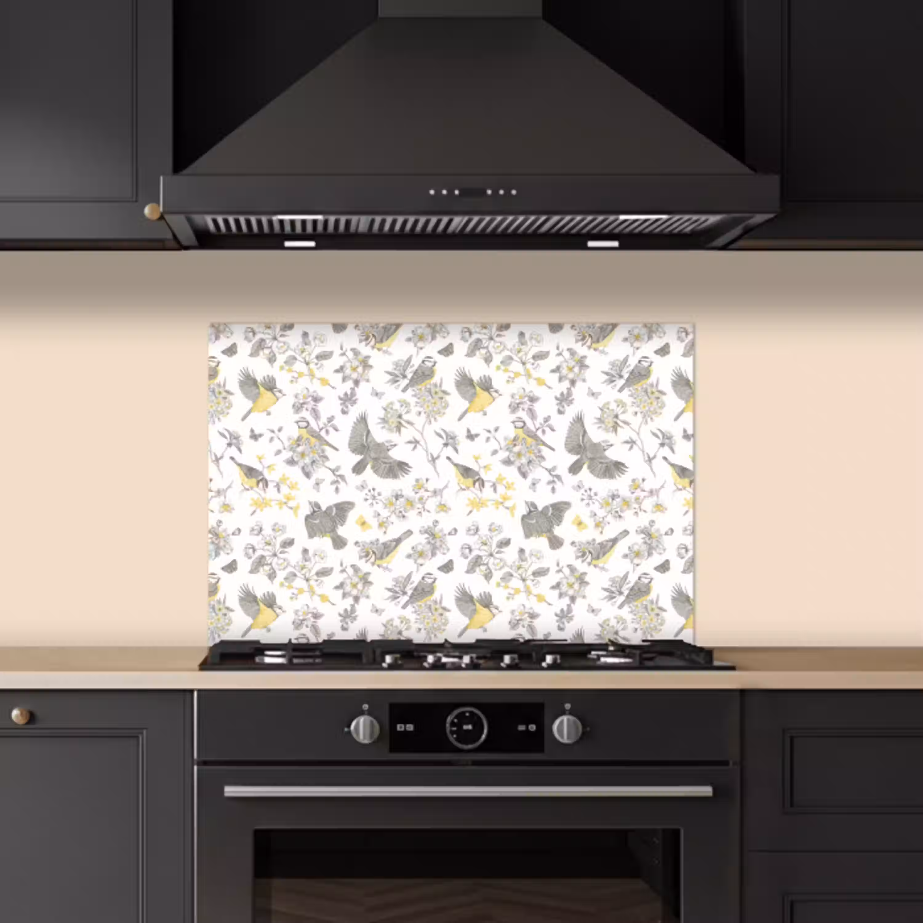Birds - Flowers - Gray - Yellow keuken achterwand spatscherm klein 900 -sfeer1