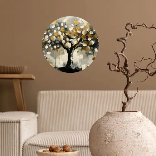 Boom - Abstract - Beige - Goud - Zwart Wandcirkel behangsticker klein -sfeer1