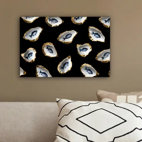 Oesters - Vissen - Blauw - Goud canvas 2cm klein -sfeer3