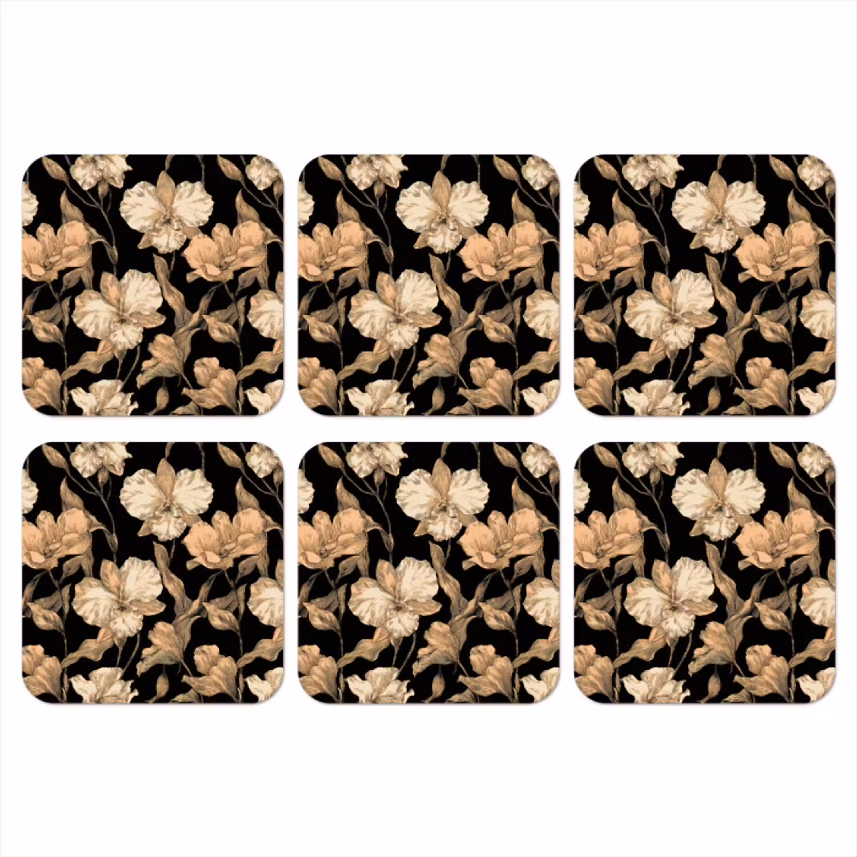 Orchideeën - Lijntekening - Patroon - Beige - Zwart onderzetter kurk middel 366 -3d