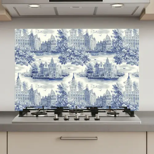 Huizen - Bomen - Water - Vogels - Blauw keuken achterwand spatscherm klein 900 -3d_website