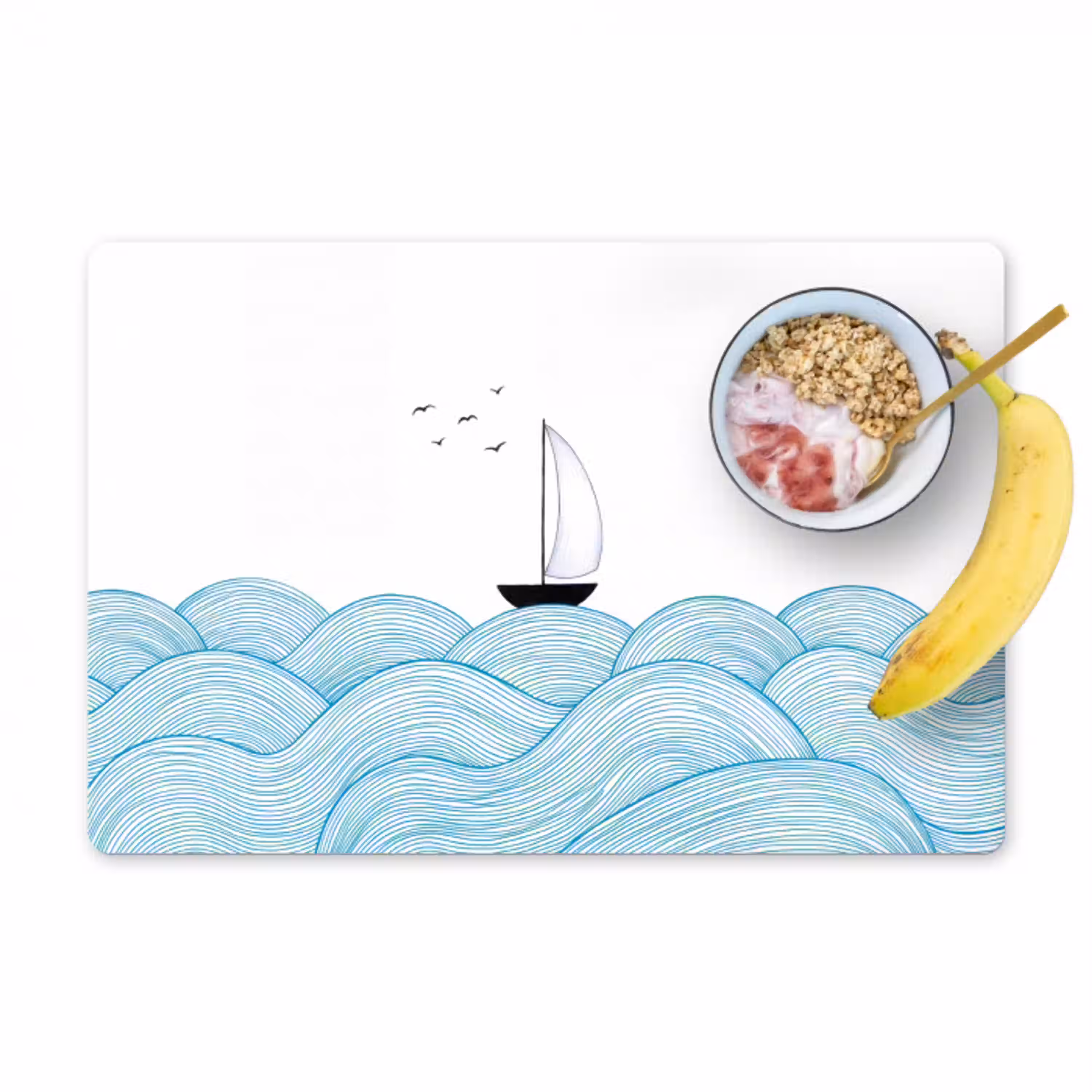 Zeilboot - Golven - Zee - Illustratie - Blauw Placemat vinyl groot -zzzproduct_Kitchenyeah-website