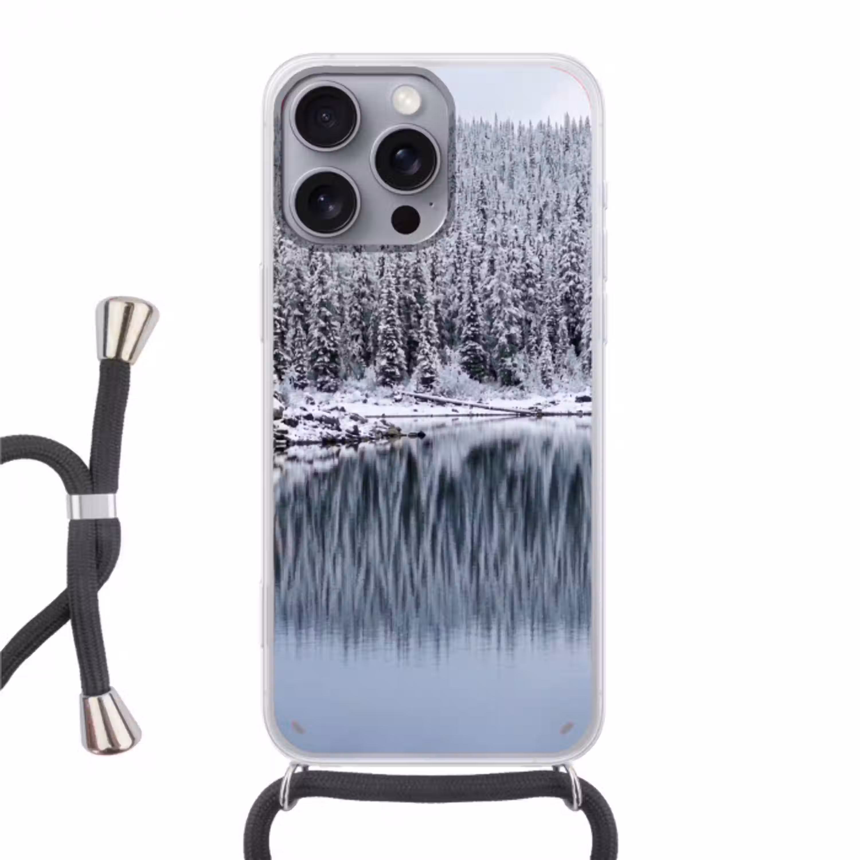 Bos - Reflectie - Meer - Winter - Serene Hoesje iPhone 16 Pro Max met koord klein -3d