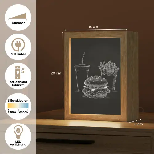 Hamburger - Friet - Frisdrank - Krijttekening Light Box met kabel (Tafellamp) klein -USP_NL