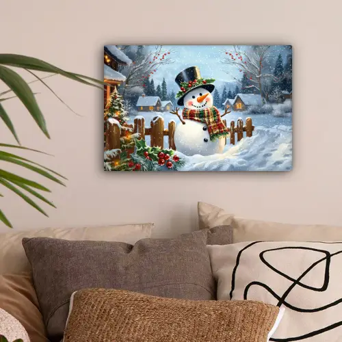 Sneeuwpop - Winterdorp - Kleurrijk canvas 2cm klein -sfeer1