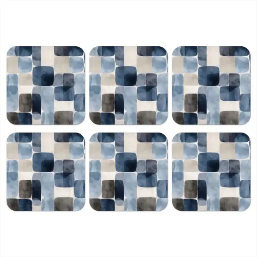 Patroon - Blauw - Vierkanten onderzetter kurk middel -3d