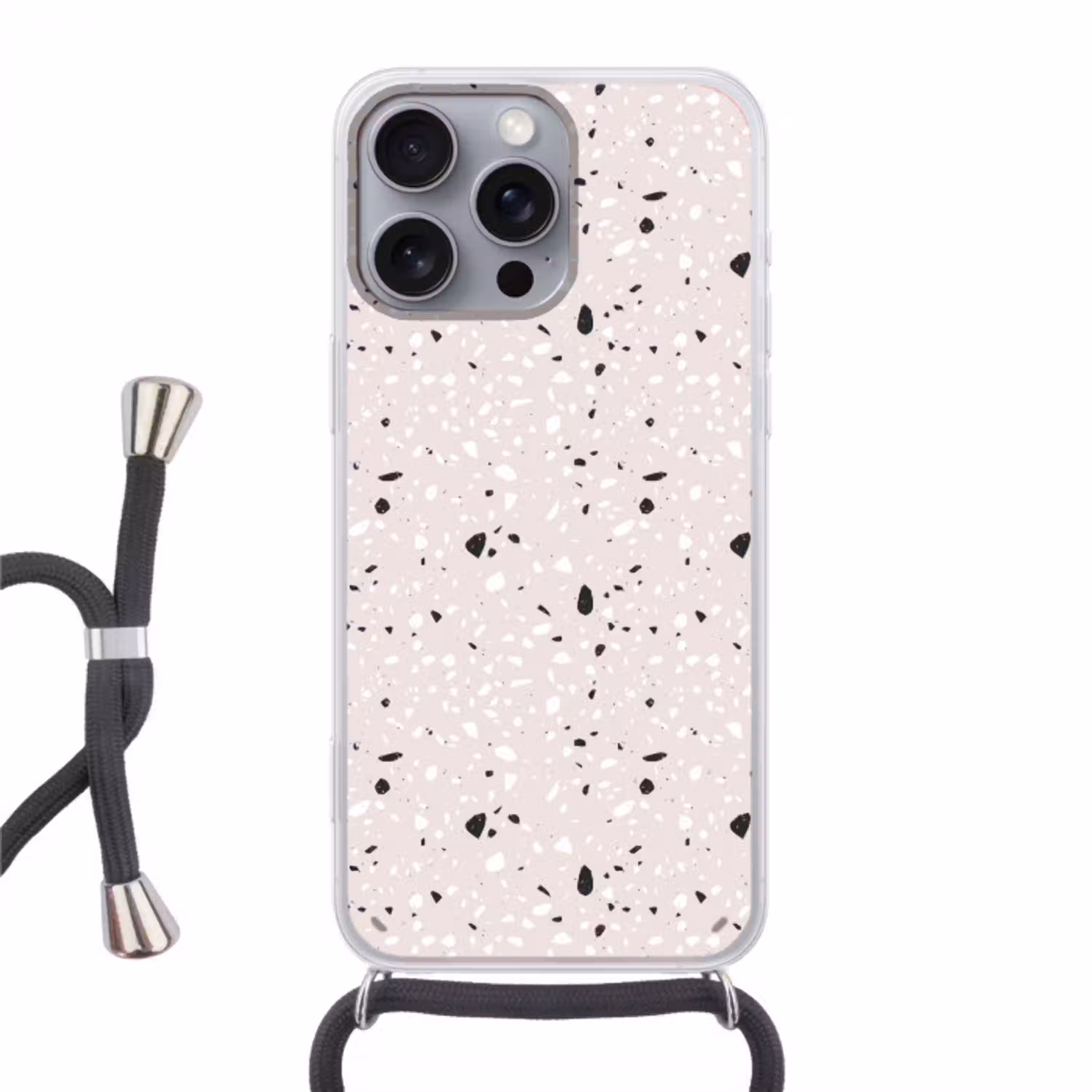 Terrazzo -  Patroon - Zacht - Zwart - Wit Hoesje iPhone 16 Pro Max met koord klein 804 -3d