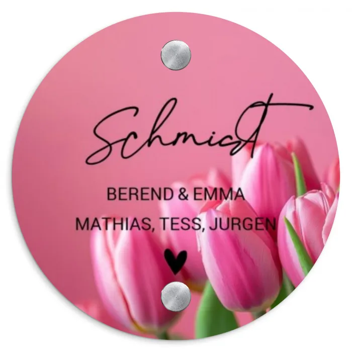 Roze tulpen - Sierlijk Naambord Rond klein -3d
