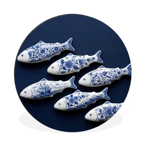 Vissen - Delfts - Blauw - Keramiek Wandcirkel aluminium klein -3d