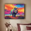 Neushoorn - Zonsondergang - Savanna - Kleurrijk Textielframe zwart klein -sfeer1