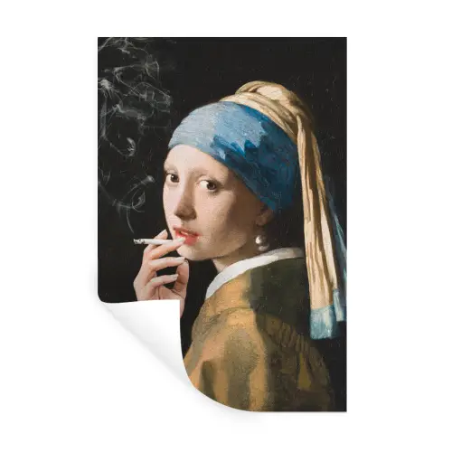 Meisje met de parel - Johannes Vermeer - Sigaretten Muursticker klein -3d