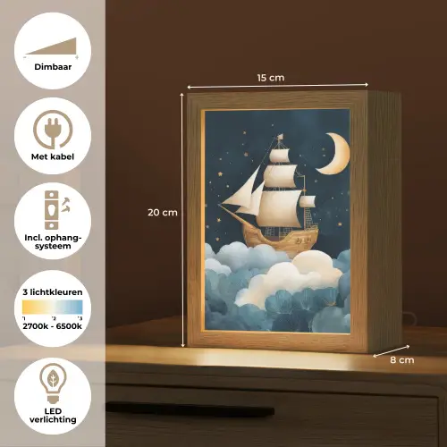 Zeilschip - Sterrenhemel - Wolken - Blauw Light Box met kabel klein -USP_NL