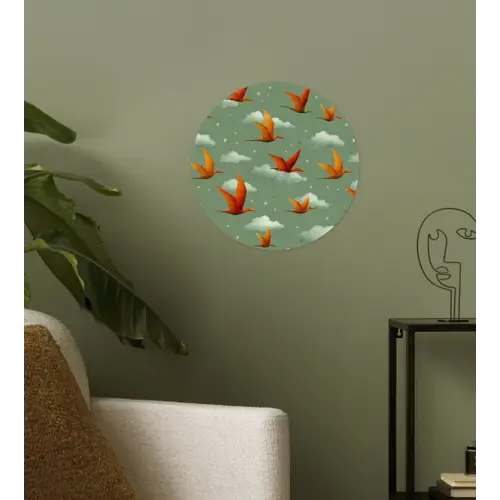 Dinosaurussen - Wolken - Sterren - Oranje Wandcirkel behangsticker klein -sfeer2