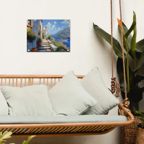 Trap - Huizen - Berglandschap - Zee tuinposter los doek klein -sfeer7