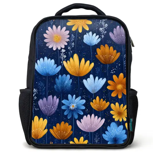 Bloemen - Patroon - Blauw - Contrast Rugzak - Zwart middel -3d