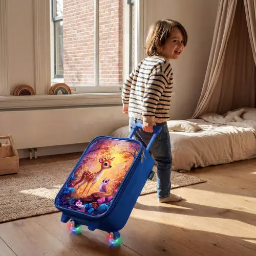 Hertje en uil in een roze sprookjesbos Kinderkoffer - Blauw klein -sfeer1