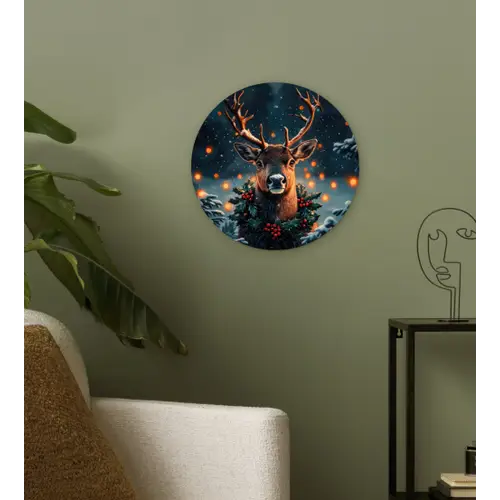 Hert - Kerst - Winter - Sneeuw - Kerstkrans Wandcirkel kunststof plaat 5mm dik klein -sfeer3