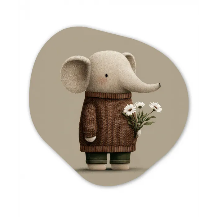 Olifant - Witte bloemen - Kindvriendelijk Wandcirkel Organisch Forex 3mm klein -3d