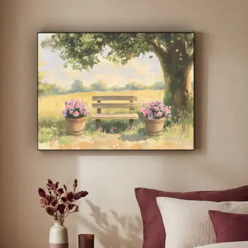Houten bankje - Bloempotten - Landschap Textielframe zwart klein -sfeer1