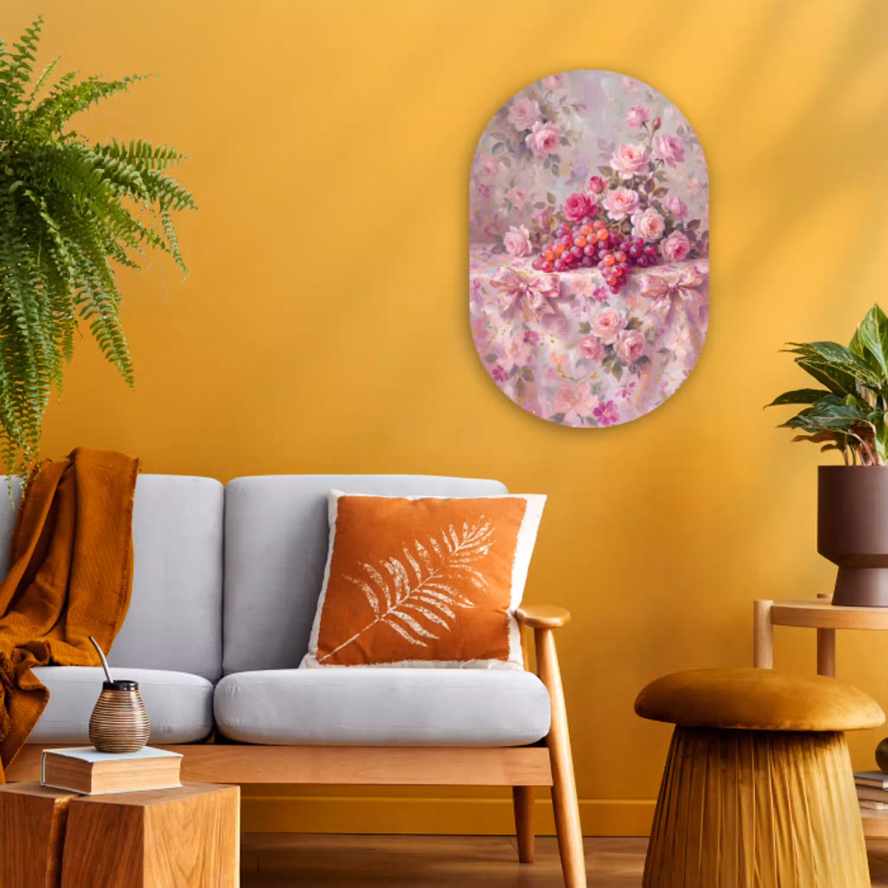 Eten - Bloemen - Stilleven - Roze - Goud Wandcirkel Ovaal Forex klein -sfeer4