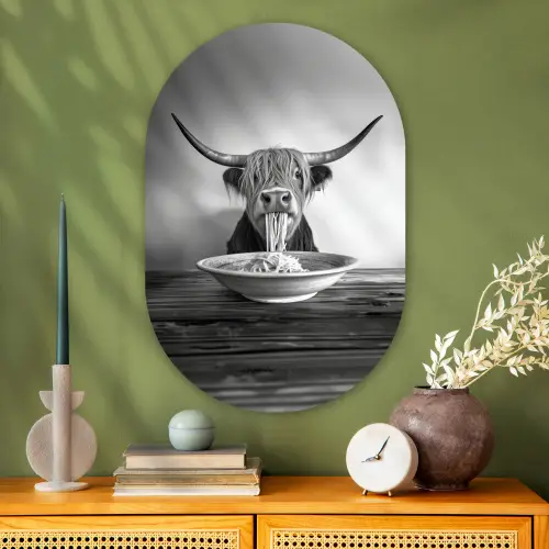 Schotse Hooglander - Spaghetti - Dieren - Zwart wit Wandcirkel Ovaal Glas middel -sfeer2