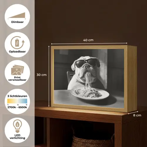 Hond - Bulldog - Pasta - Bril - Stoer - Dieren Light Box met batterij (Wandlamp) middel -USP_websiteoverzichtNL