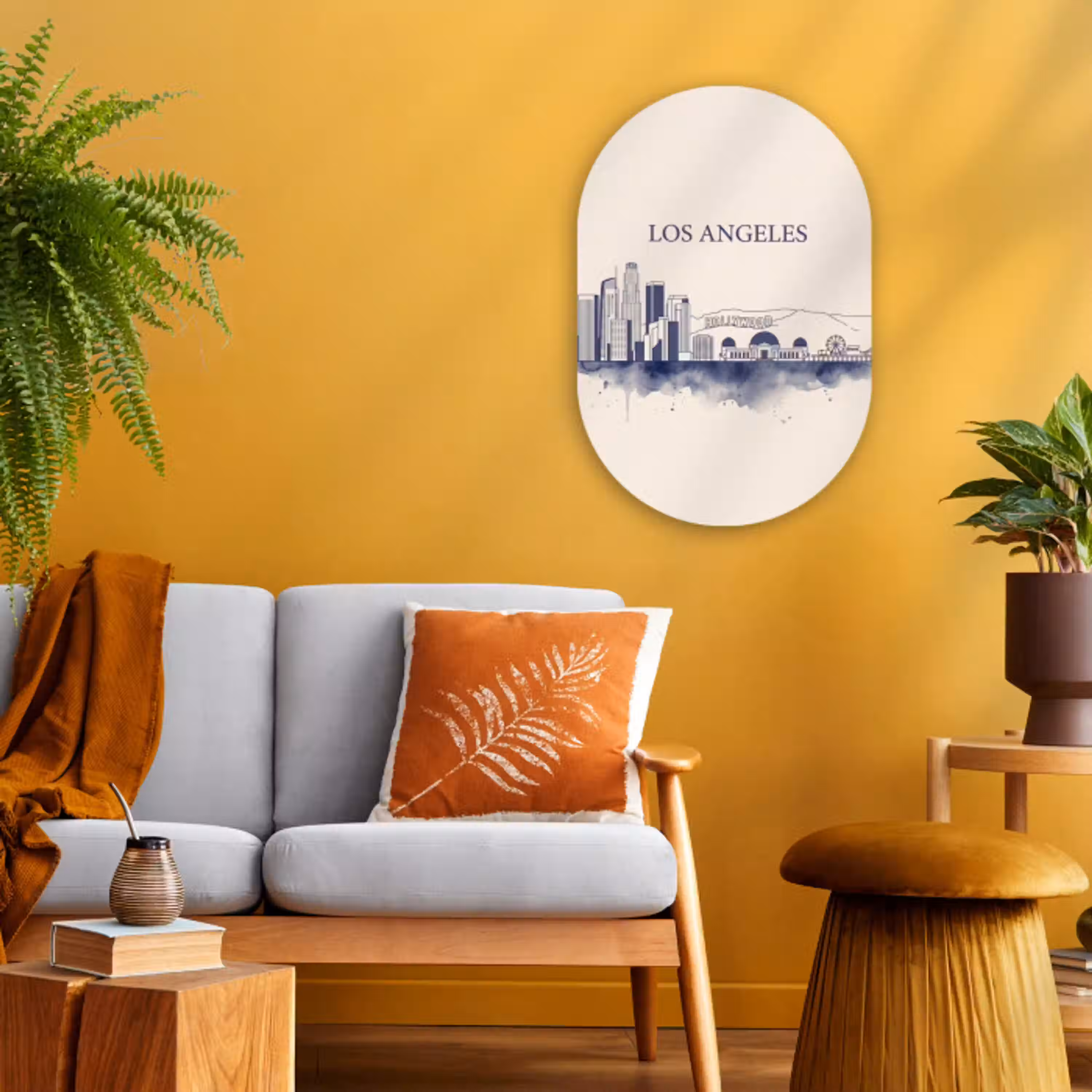 Los Angeles - Skyline - Architectuur - Aquarel - Blauw Wandcirkel Ovaal Forex klein -sfeer4