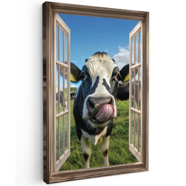 Doorkijk - Koe - Weiland - Dieren - Natuur Tuinposter op houten frame 2 cm dik klein -3d