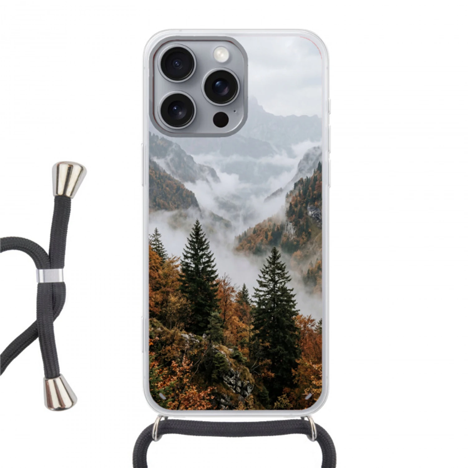 Bergen - Vallei - Mist - Herfst - Natuur Hoesje iPhone 16 Pro Max met koord klein -3d