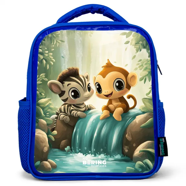 Zebra - Aapje - Waterval - Rotsen Kinderrugzak - Blauw middel -3d