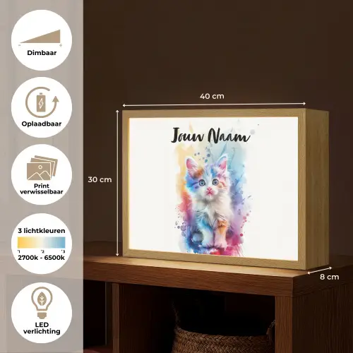 Kat - Kleurrijk - Verf - Dier - Wit Light Box met batterij (Wandlamp kind) middel -USP_websiteoverzichtNL