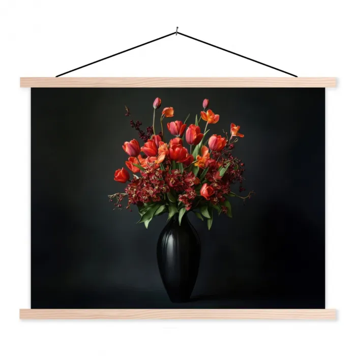 Boeket - Tulpen - Vaas - Rood textielposter latten blank klein -3d