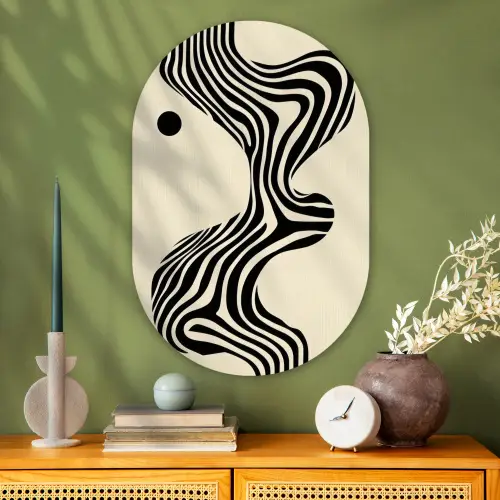 Beige - Lijnen - Golvend -  Abstract Wandcirkel Ovaal Glas middel -sfeer2