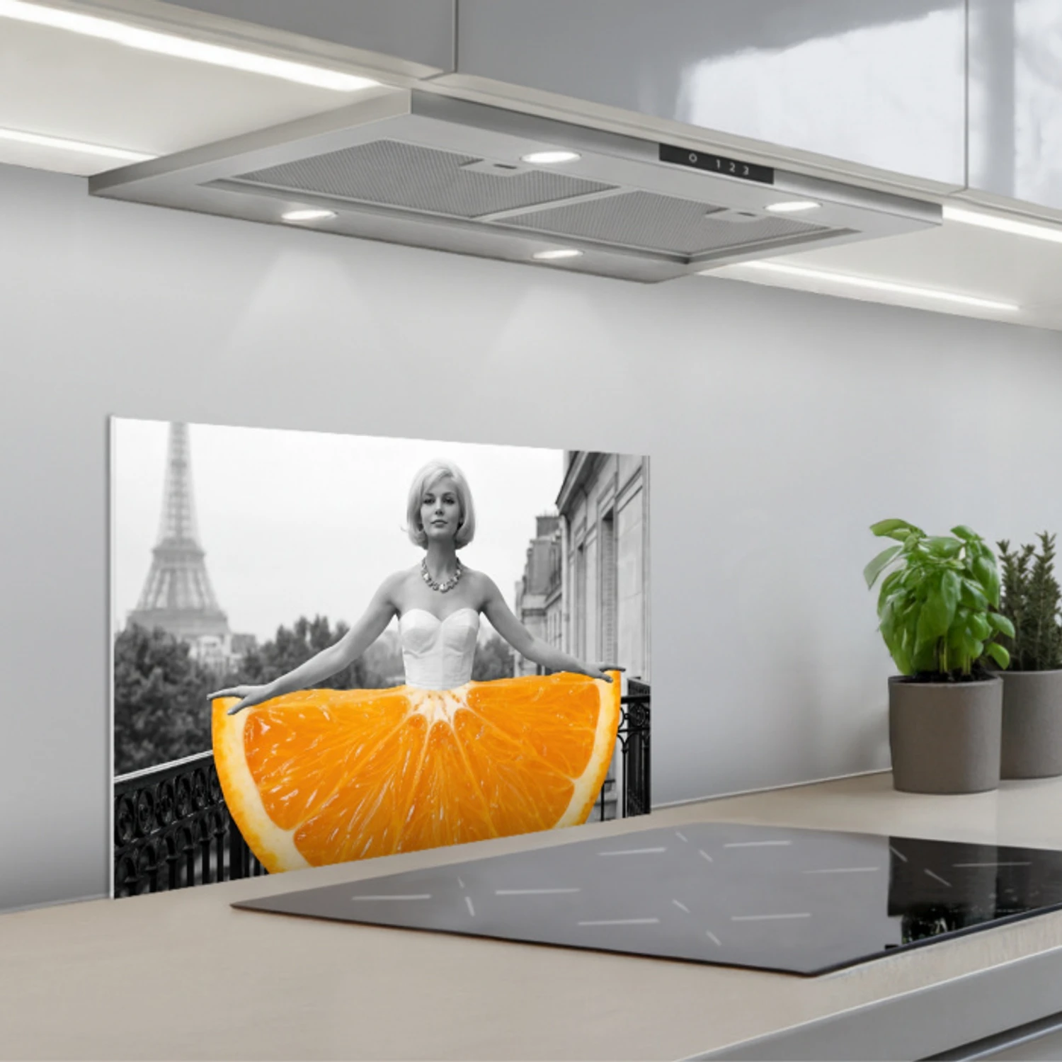 Sinaasappel - Eiffeltoren - Vrouw keuken achterwand spatscherm klein -3d_schuin