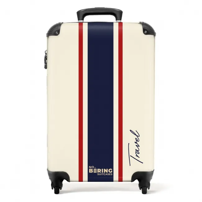 Koffer - Crèmekleurige achtergrond met centrale tricolor baan en tekst Travel
