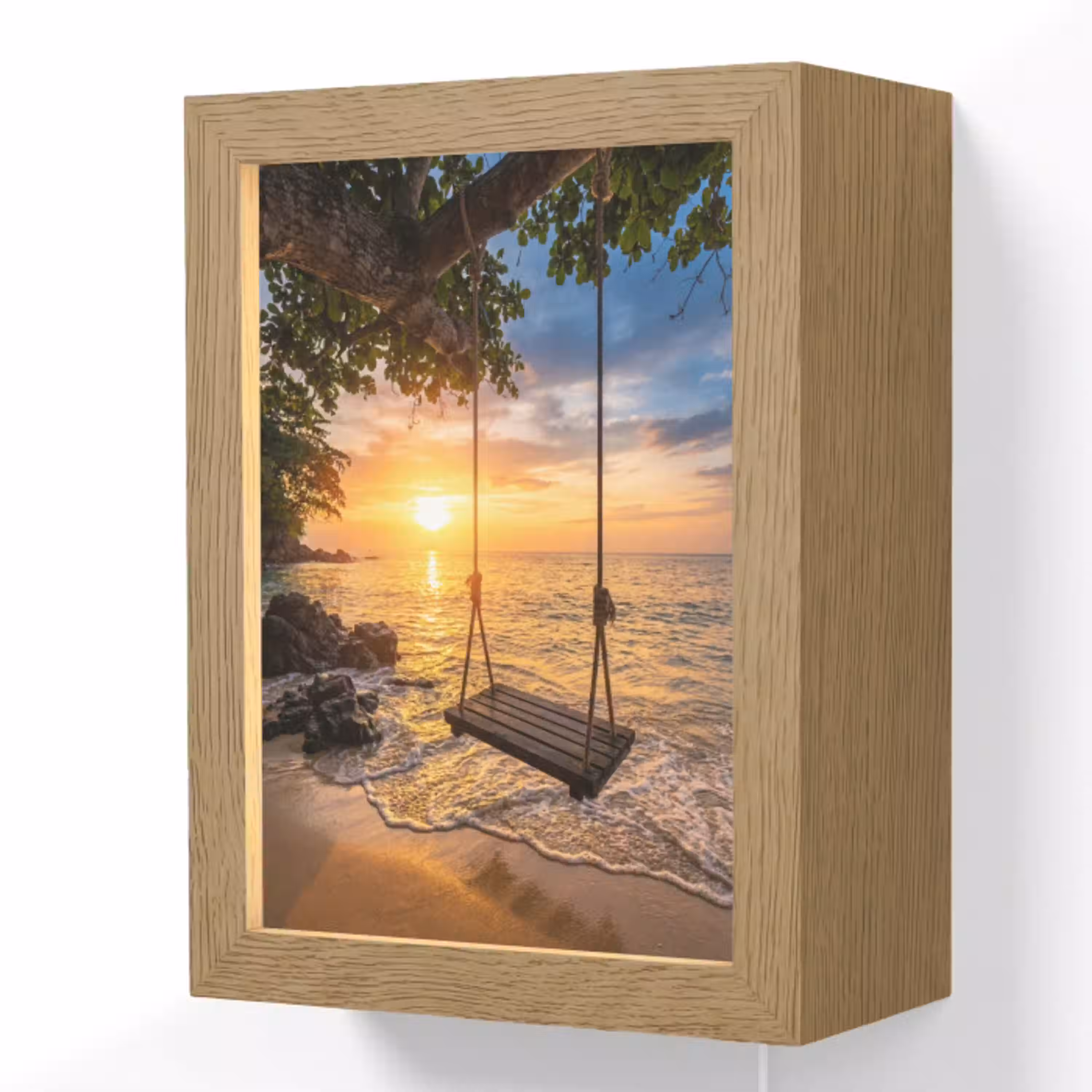 Schommel - Strand - Zonsondergang - Natuur - Oranje Light Box met kabel (Wandlamp) klein -3d
