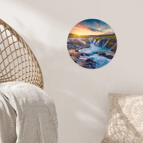 Waterval - Planten - Mos - Landschap - Zonsondergang - Rots Wandcirkel behangsticker klein -sfeer4